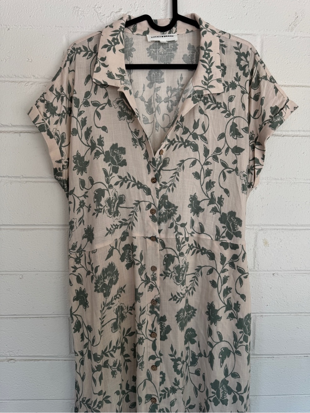 Lucky Brand Relaxed Beige Sage Floral Shirt Dress Midi Button Front Belted L - Picture 7 of 10